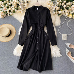 Solid O Neck Long Sleeve Elastic Waist Office  A-line Streetwear Dress