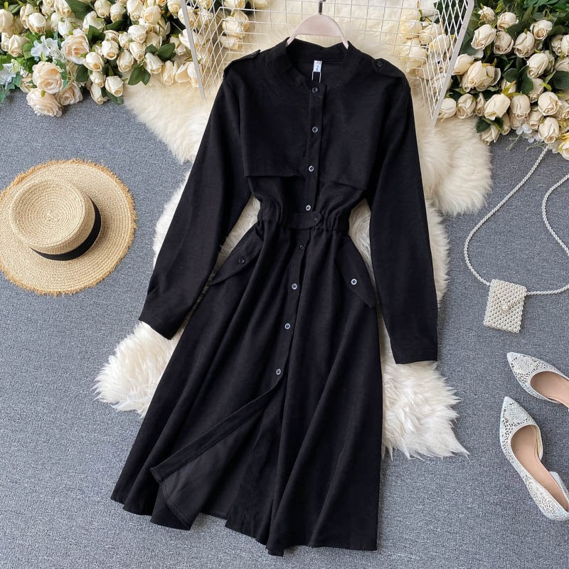 Solid O Neck Long Sleeve Elastic Waist Office  A-line Streetwear Dress