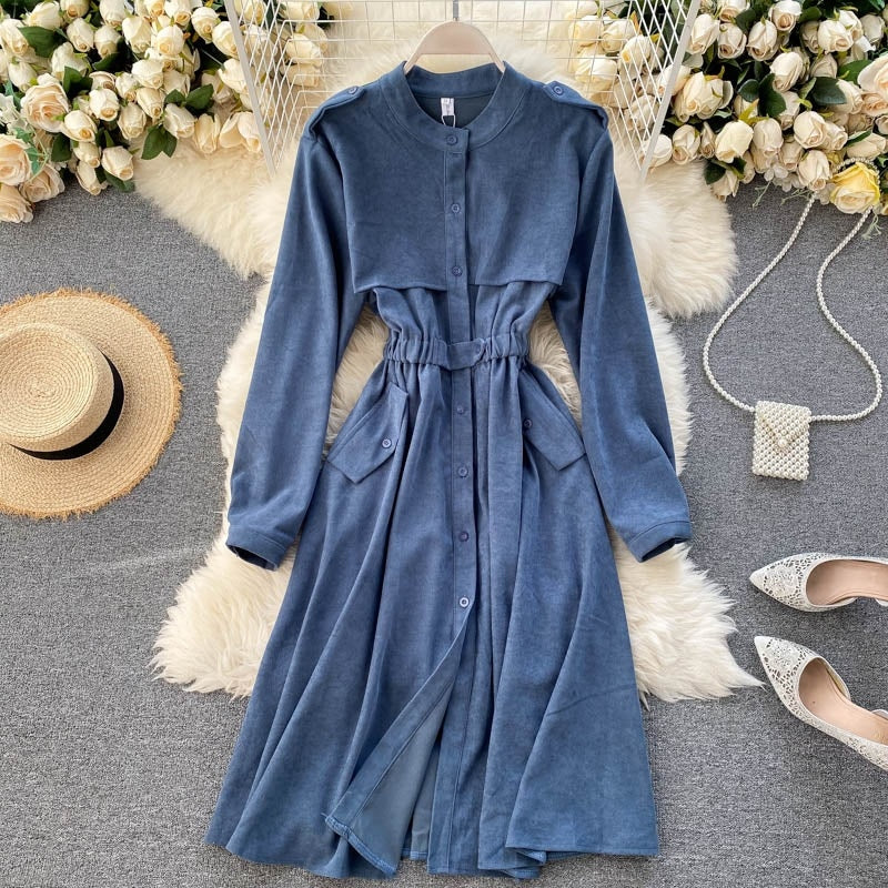 Solid O Neck Long Sleeve Elastic Waist Office  A-line Streetwear Dress