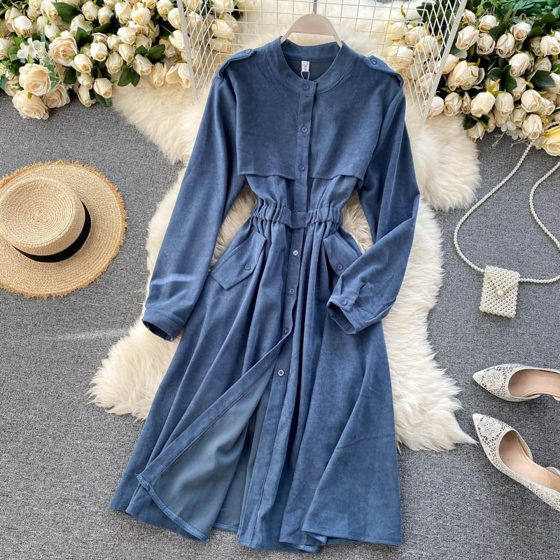Solid O Neck Long Sleeve Elastic Waist Office  A-line Streetwear Dress