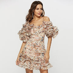 Butterfly Sleeve Spaghetti Strap Cascading Ruffle Party Dress
