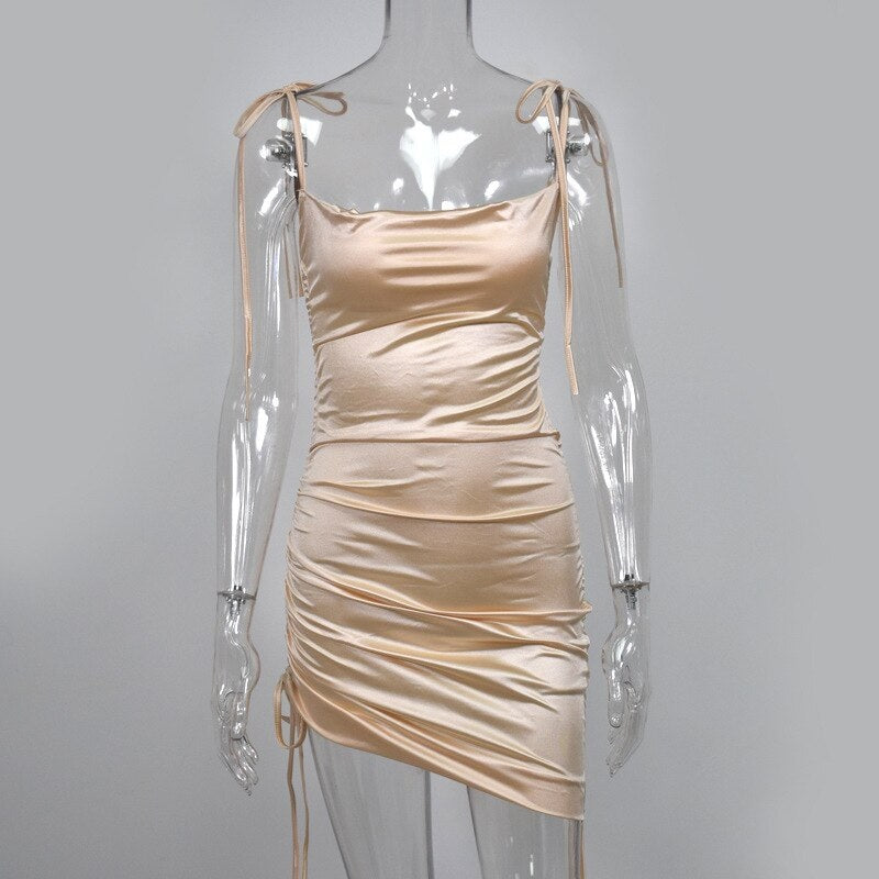 Elegant Spaghetti Strap Draped A-line Natural Waist Dress