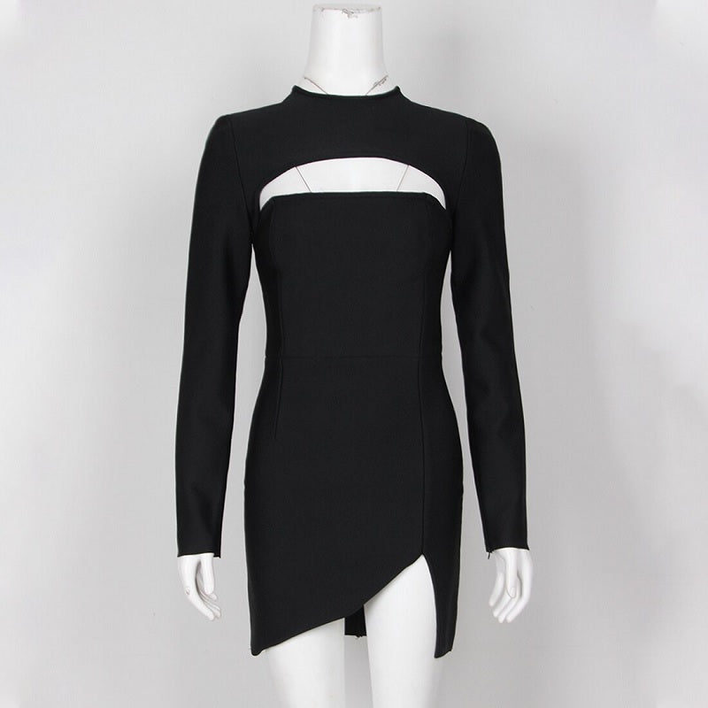 Casual Hollow Out Split O-Neck Bandage Bodycon Mini Dress