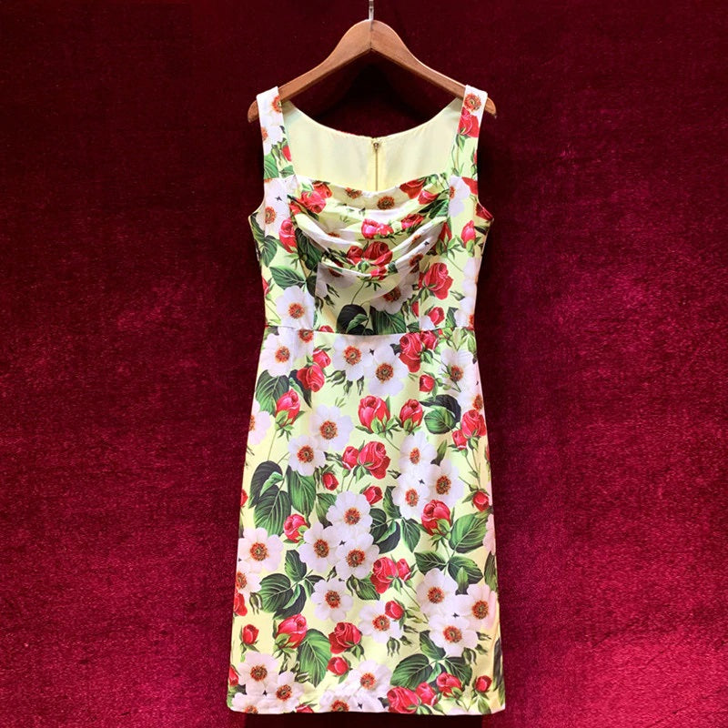 Elegant Square Collar Flower Print Runway Mini Dress