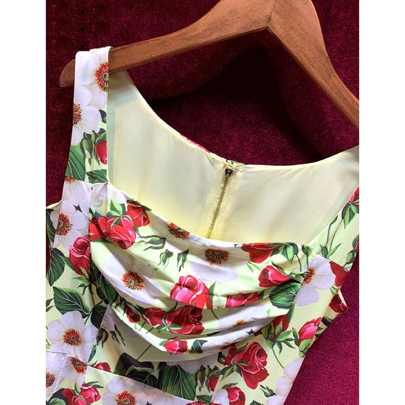 Elegant Square Collar Flower Print Runway Mini Dress