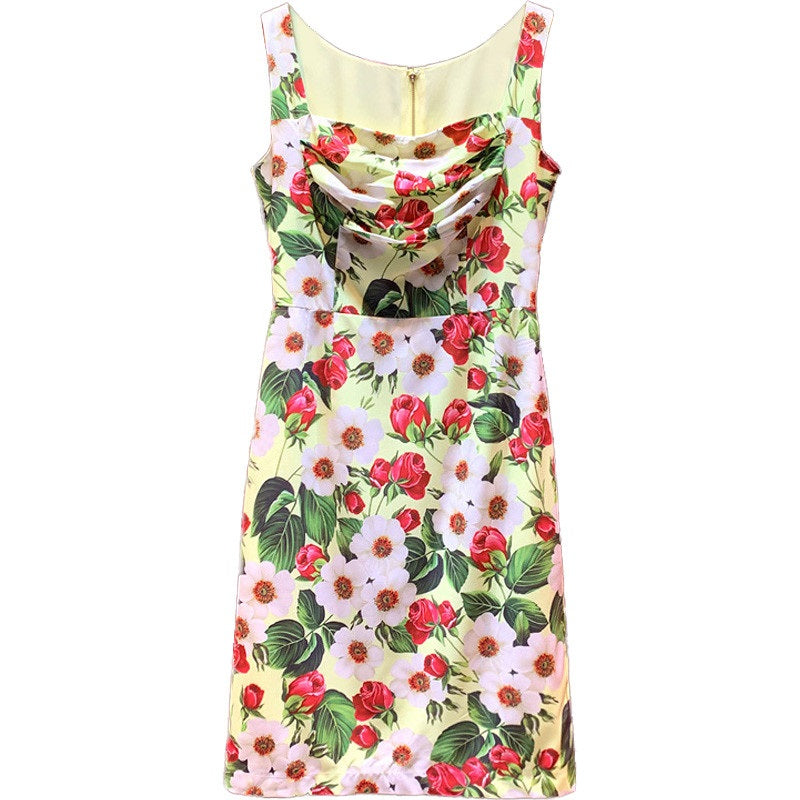 Elegant Square Collar Flower Print Runway Mini Dress