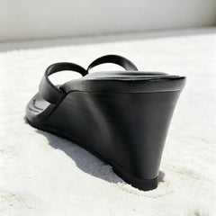 Square-toe Wedge Sandals Black Soft Leather PU Clip Toe Flip-flops Holiday Beach Slide Sandal Zapatos Mujer