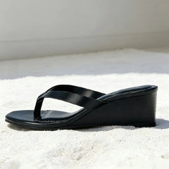 Square-toe Wedge Sandals Black Soft Leather PU Clip Toe Flip-flops Holiday Beach Slide Sandal Zapatos Mujer