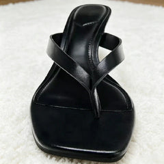 Square-toe Wedge Sandals Black Soft Leather PU Clip Toe Flip-flops Holiday Beach Slide Sandal Zapatos Mujer