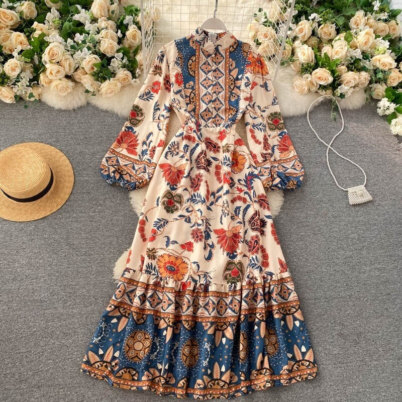 Stand Collar Puff Sleeve A-line  Streetwear Long Print Maxi Dress