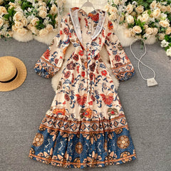 Stand Collar Puff Sleeve A-line  Streetwear Long Print Maxi Dress