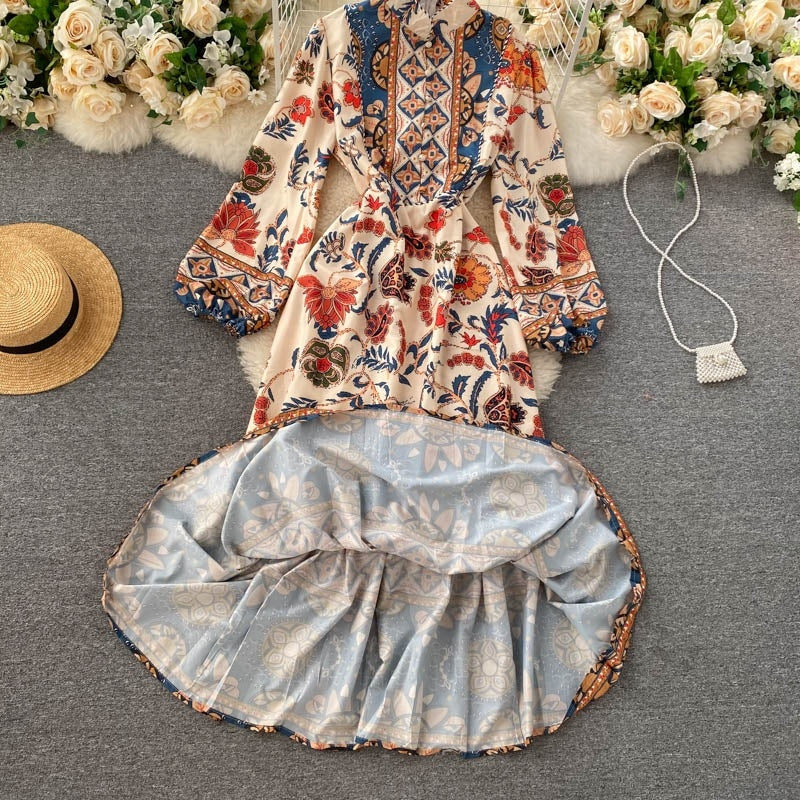 Stand Collar Puff Sleeve A-line  Streetwear Long Print Maxi Dress