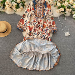 Stand Collar Puff Sleeve A-line  Streetwear Long Print Maxi Dress