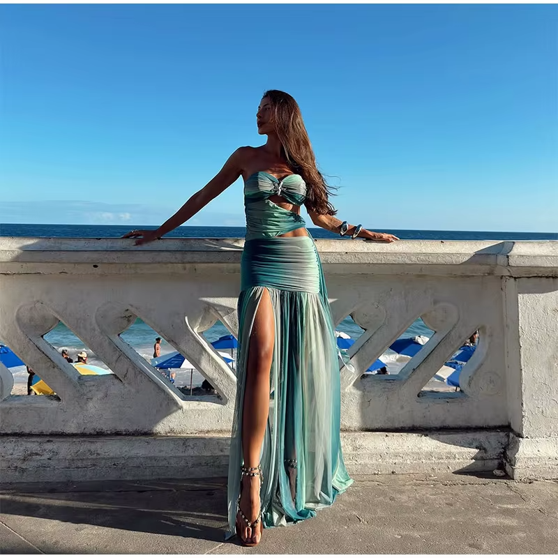 Hollow Out High Slit Sleeveless Gradient Mesh Pleated Long Dresses