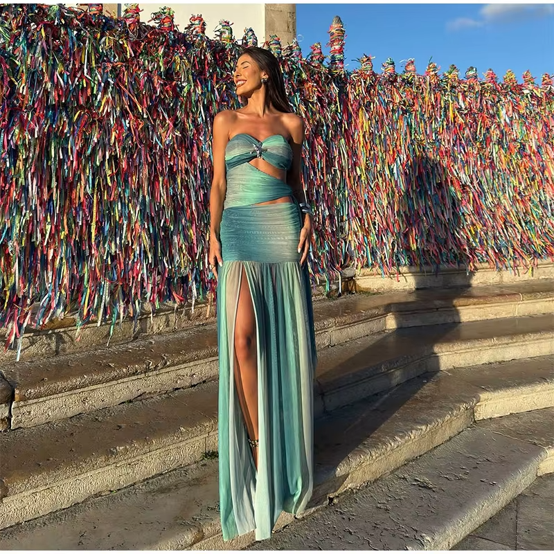 Hollow Out High Slit Sleeveless Gradient Mesh Pleated Long Dresses