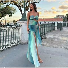 Hollow Out High Slit Sleeveless Gradient Mesh Pleated Long Dresses