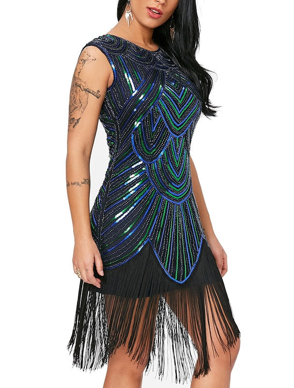 Sequined Solid Sleeveless Halloween Flapper Dress