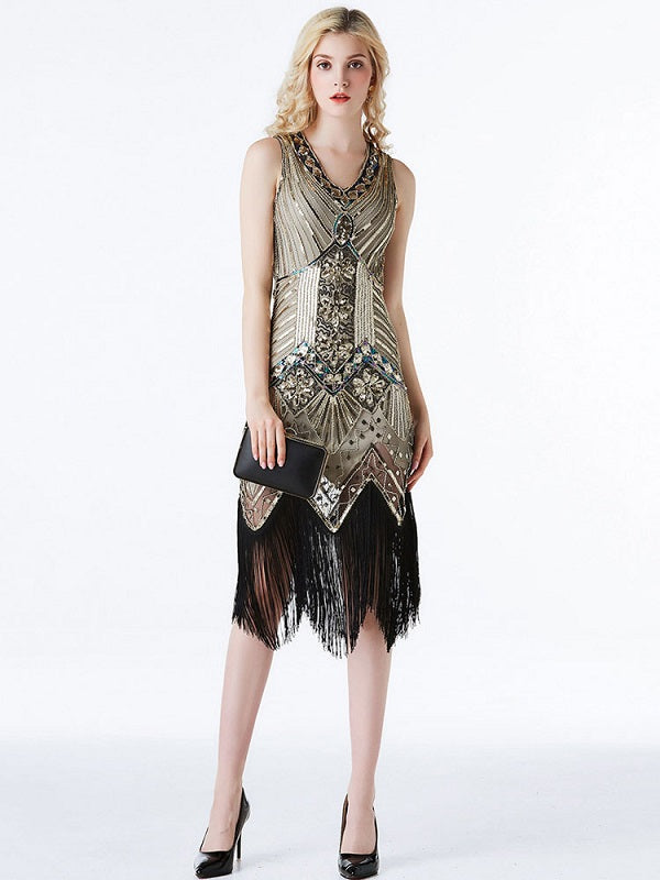 Style Sequined V Neck Fringe Party Outfits Dress