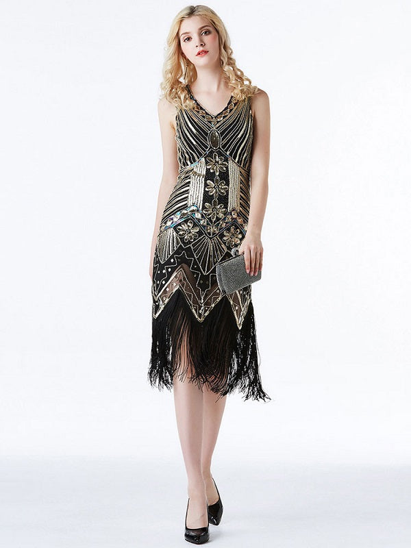 Style Sequined V Neck Fringe Party Outfits Dress
