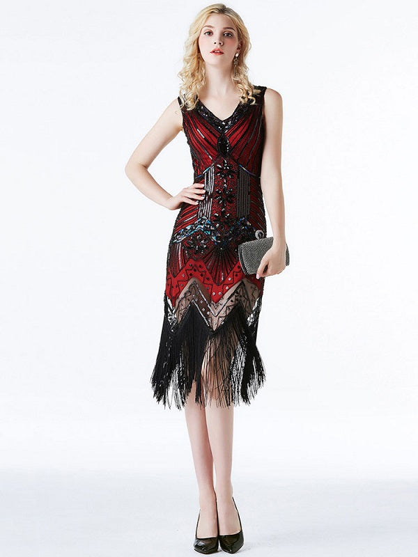 Style Sequined V Neck Fringe Party Outfits Dress