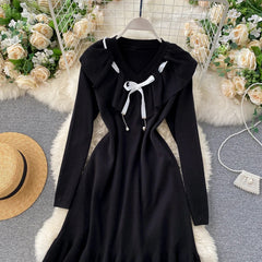 Sweet Ruffles V Neck Elastic A-Line Street Wear Knitted Dresses