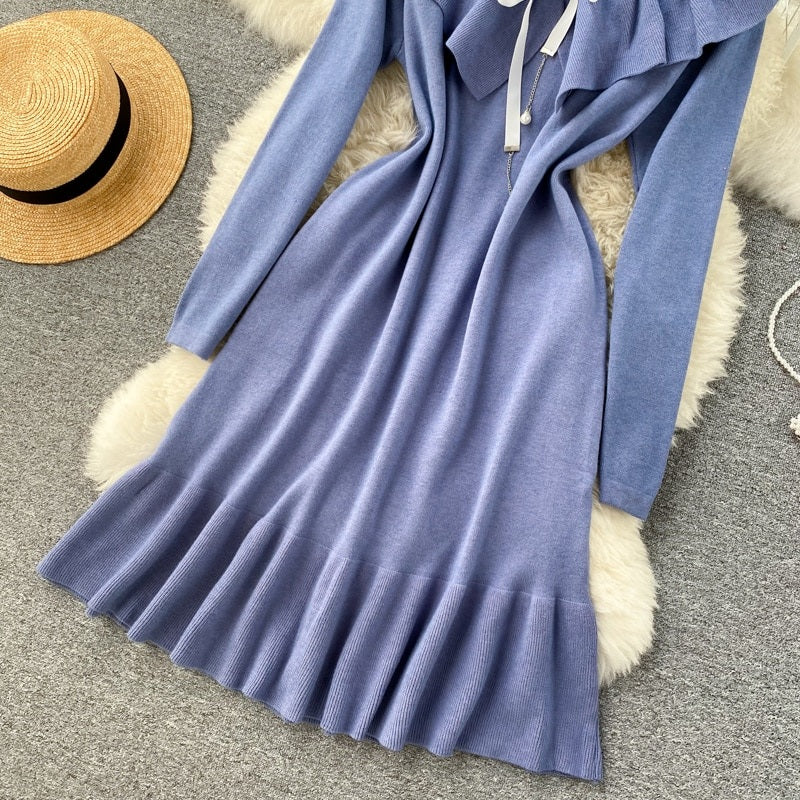 Sweet Ruffles V Neck Elastic A-Line Street Wear Knitted Dresses