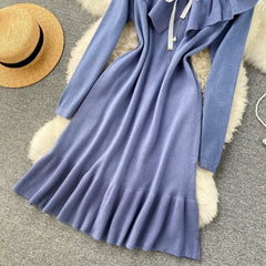 Sweet Ruffles V Neck Elastic A-Line Street Wear Knitted Dresses