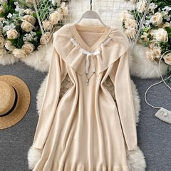 Sweet Ruffles V Neck Elastic A-Line Street Wear Knitted Dresses