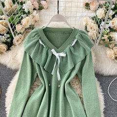 Sweet Ruffles V Neck Elastic A-Line Street Wear Knitted Dresses