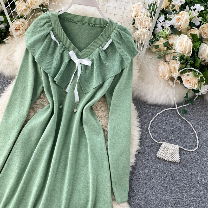 Sweet Ruffles V Neck Elastic A-Line Street Wear Knitted Dresses