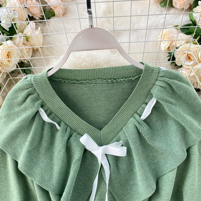 Sweet Ruffles V Neck Elastic A-Line Street Wear Knitted Dresses