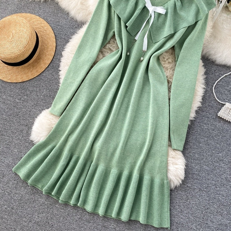 Sweet Ruffles V Neck Elastic A-Line Street Wear Knitted Dresses