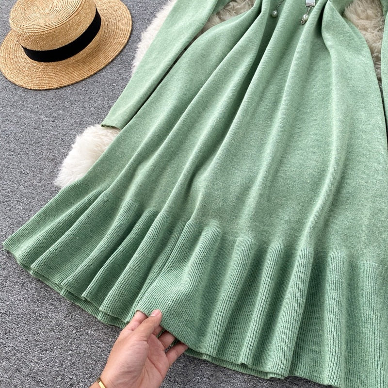 Sweet Ruffles V Neck Elastic A-Line Street Wear Knitted Dresses