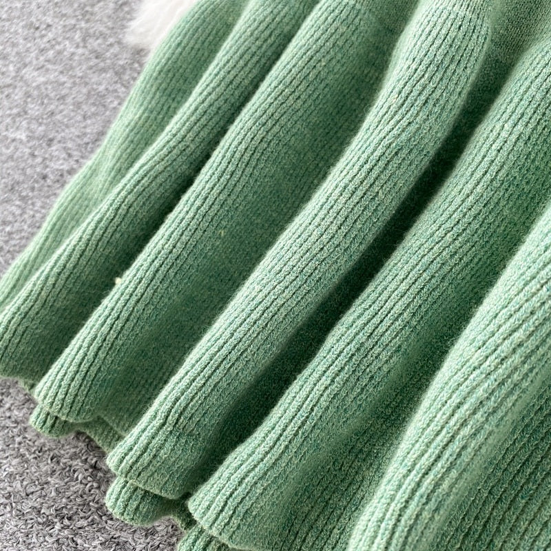 Sweet Ruffles V Neck Elastic A-Line Street Wear Knitted Dresses