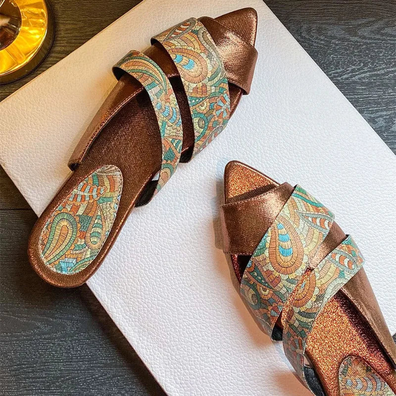 Totem Printed Design Slippers Peep Toe Slides Sandals Light Comfort Street Style Beach Flat Sandals