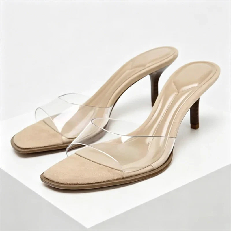 Transparent Pvc Wide Strap Mules Slippers Pointed Toe Thin Heel