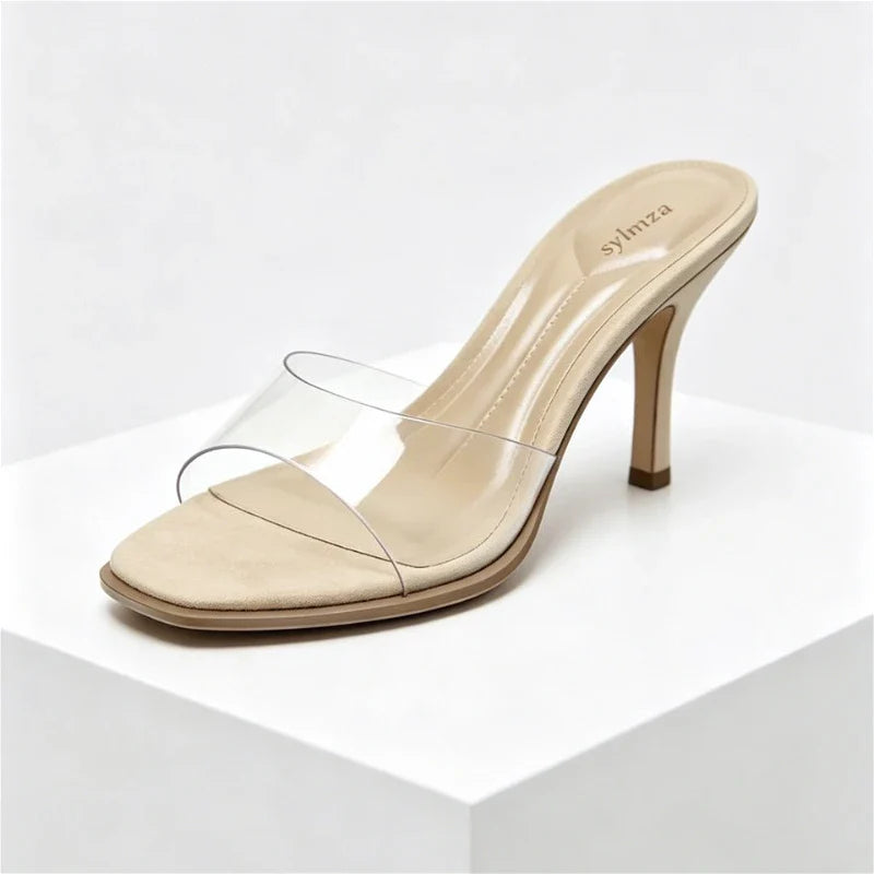 Transparent Pvc Wide Strap Mules Slippers Pointed Toe Thin Heel
