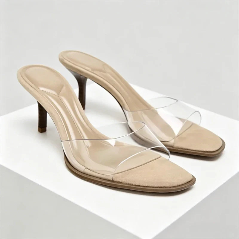 Transparent Pvc Wide Strap Mules Slippers Pointed Toe Thin Heel