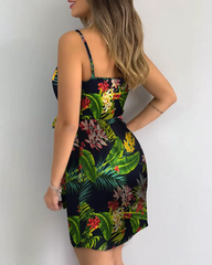 Tropical Print V-Neck Wrap Casual Sleeveless Holiday Mini Dress