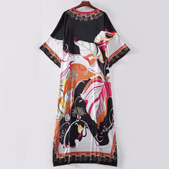 V-Neck Batwing Sleeve Print Robe Maxi Dress