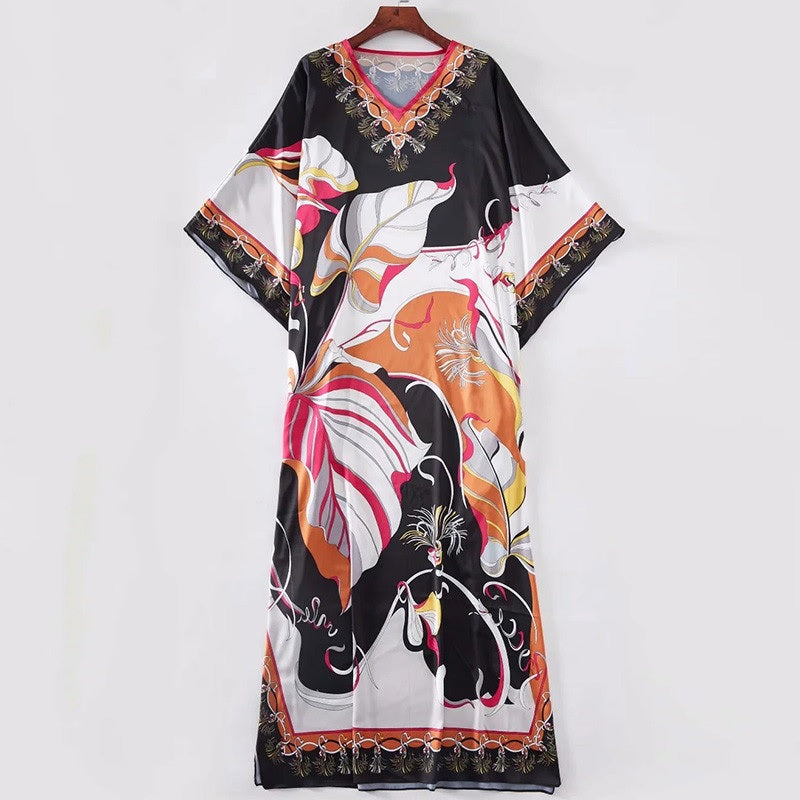 V-Neck Batwing Sleeve Print Robe Maxi Dress