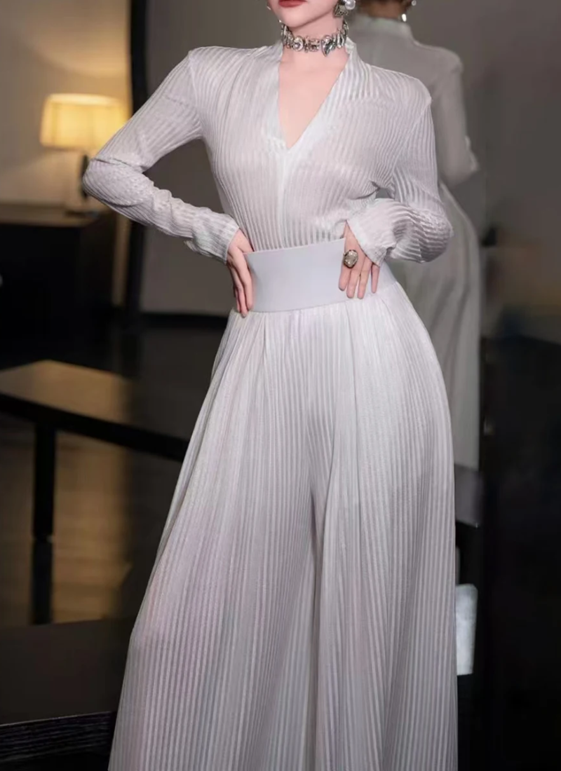 V Neck Long Sleeve Top High Waist Temperament Loose Pant Solid Two Piece Set