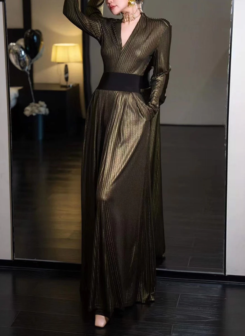 V Neck Long Sleeve Top High Waist Temperament Loose Pant Solid Two Piece Set