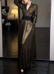 V Neck Long Sleeve Top High Waist Temperament Loose Pant Solid Two Piece Set