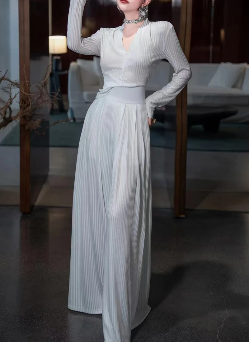 V Neck Long Sleeve Top High Waist Temperament Loose Pant Solid Two Piece Set