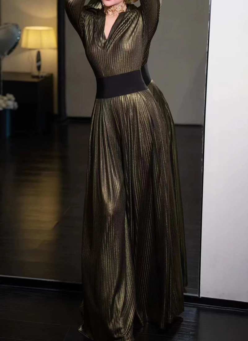 V Neck Long Sleeve Top High Waist Temperament Loose Pant Solid Two Piece Set