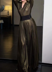 V Neck Long Sleeve Top High Waist Temperament Loose Pant Solid Two Piece Set