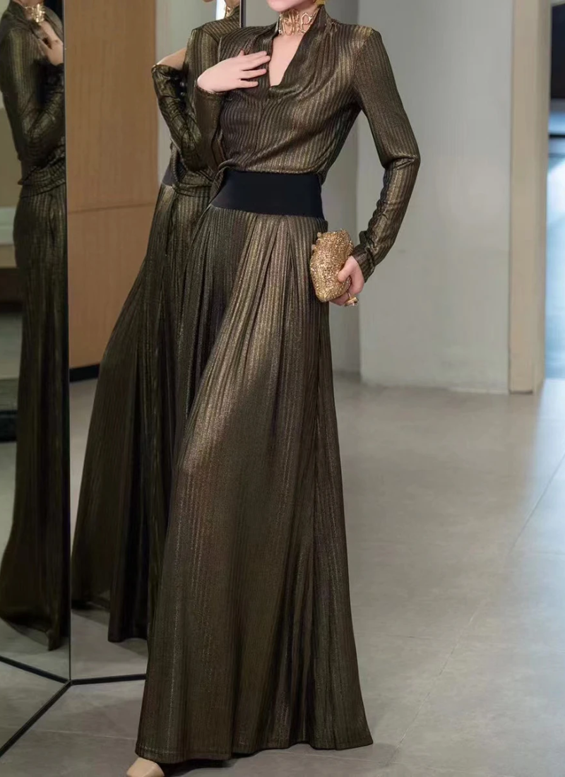 V Neck Long Sleeve Top High Waist Temperament Loose Pant Solid Two Piece Set