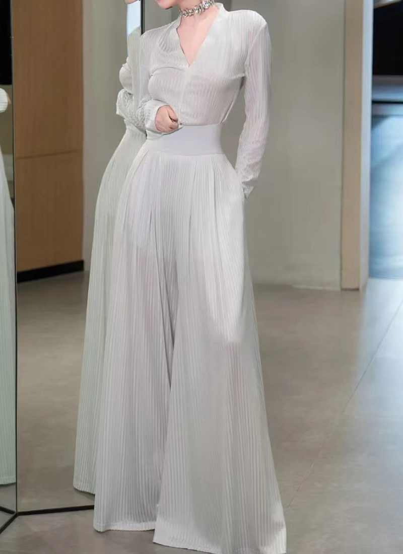 V Neck Long Sleeve Top High Waist Temperament Loose Pant Solid Two Piece Set