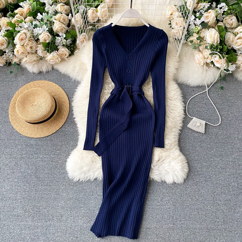 V Neck Long Sleeves Sweater Streetwear Midi Dress